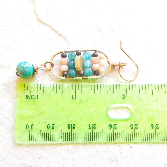 Gorgeous & One-of-a-kind Dangle Earrings! Upscale Boho City Chic! Teal & Cream - Picture 5 of 7